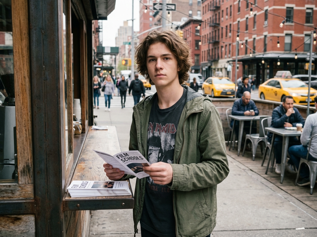 Jeune homme lisant une brochure sur une école de films dans la rue