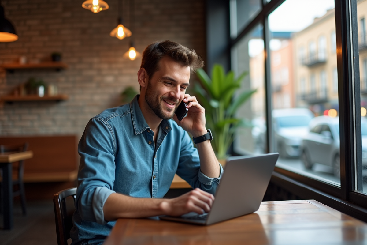 Jeune homme au café travaillant sur une tablette