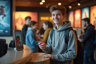 Jeune homme souriant présentant sa carte d'étudiant au cinéma