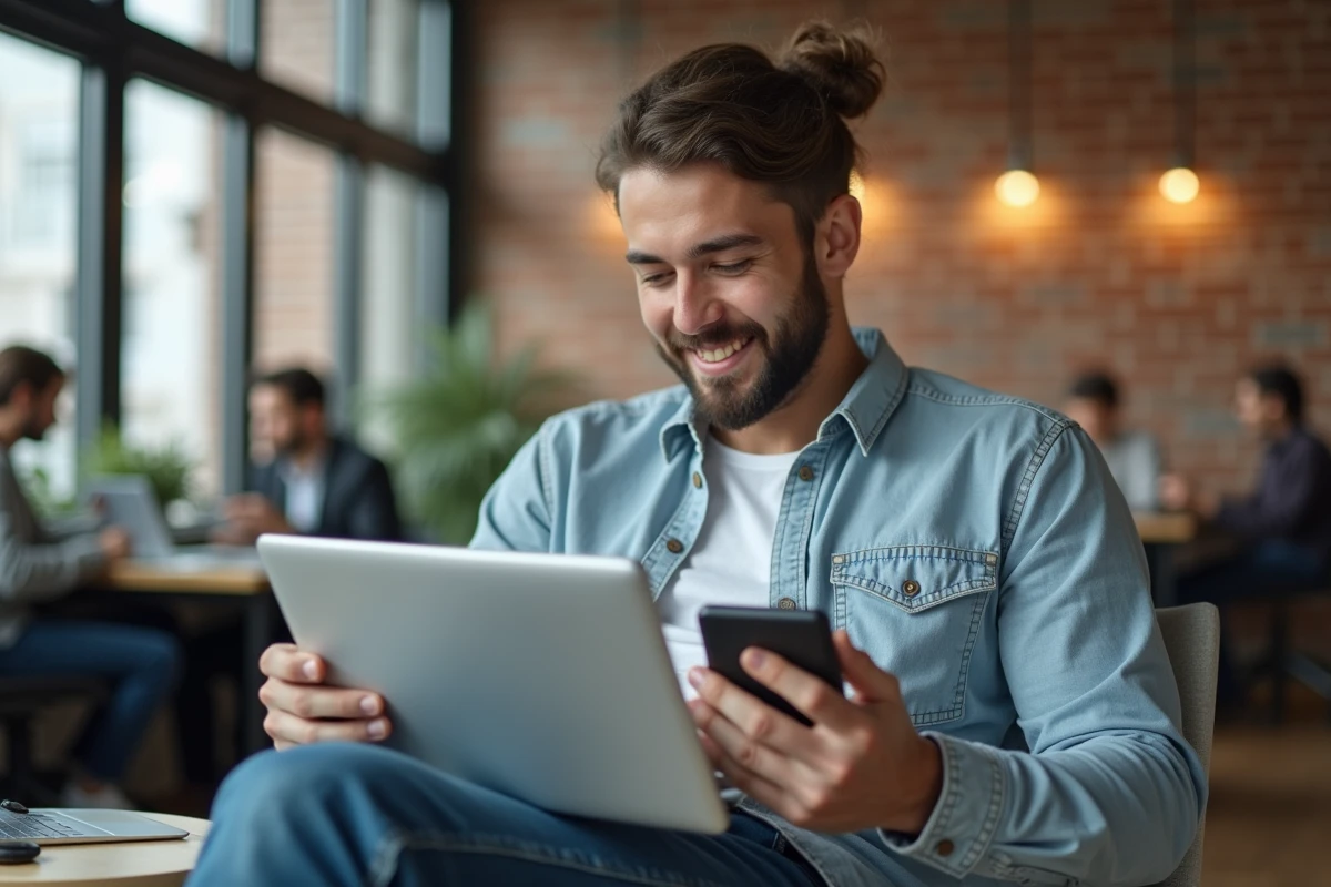 Jeune homme utilise son smartphone dans un espace de coworking