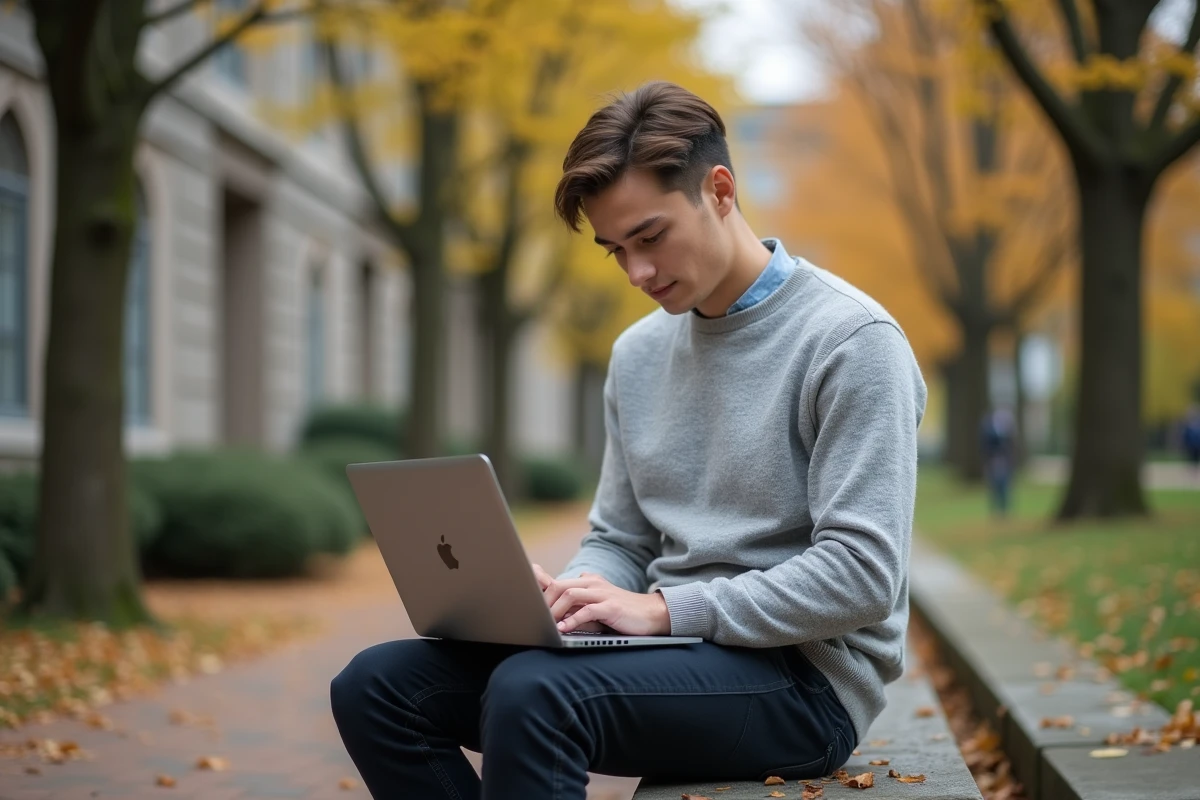 Jeune homme diplômé utilisant une plateforme d'orientation de carrière sur un campus universitaire en automne
