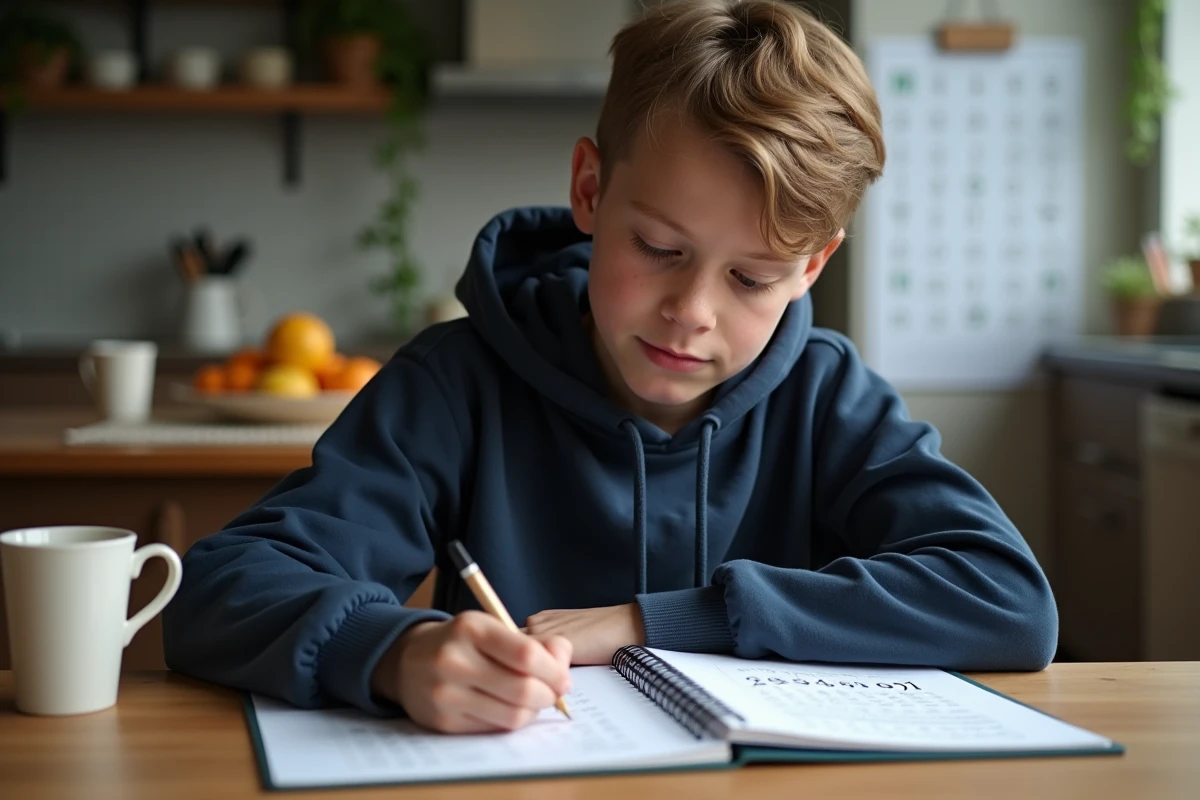 Adolescent concentré écrivant pi dans un carnet à la cuisine