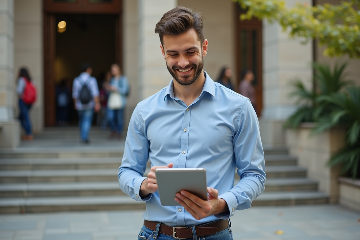 Jeune homme avec tablette devant l