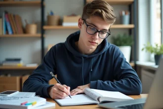 Jeune homme concentré prenant des notes dans un bureau lumineux