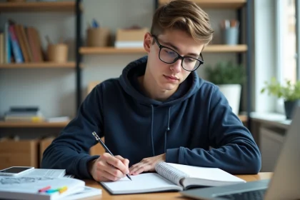 Jeune homme concentré prenant des notes dans un bureau lumineux