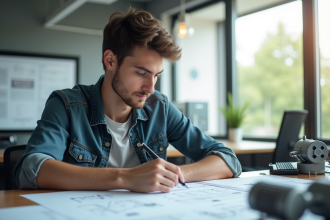 Jeune adulte en tenue casual travaillant sur des plans techniques d'ingénierie