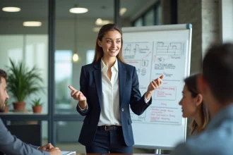 Jeune manager femme dirigeant une réunion d'équipe dans un bureau moderne, illustrant le leadership en action