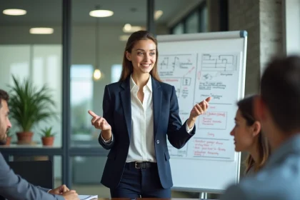 Jeune manager femme dirigeant une réunion d'équipe dans un bureau moderne, illustrant le leadership en action