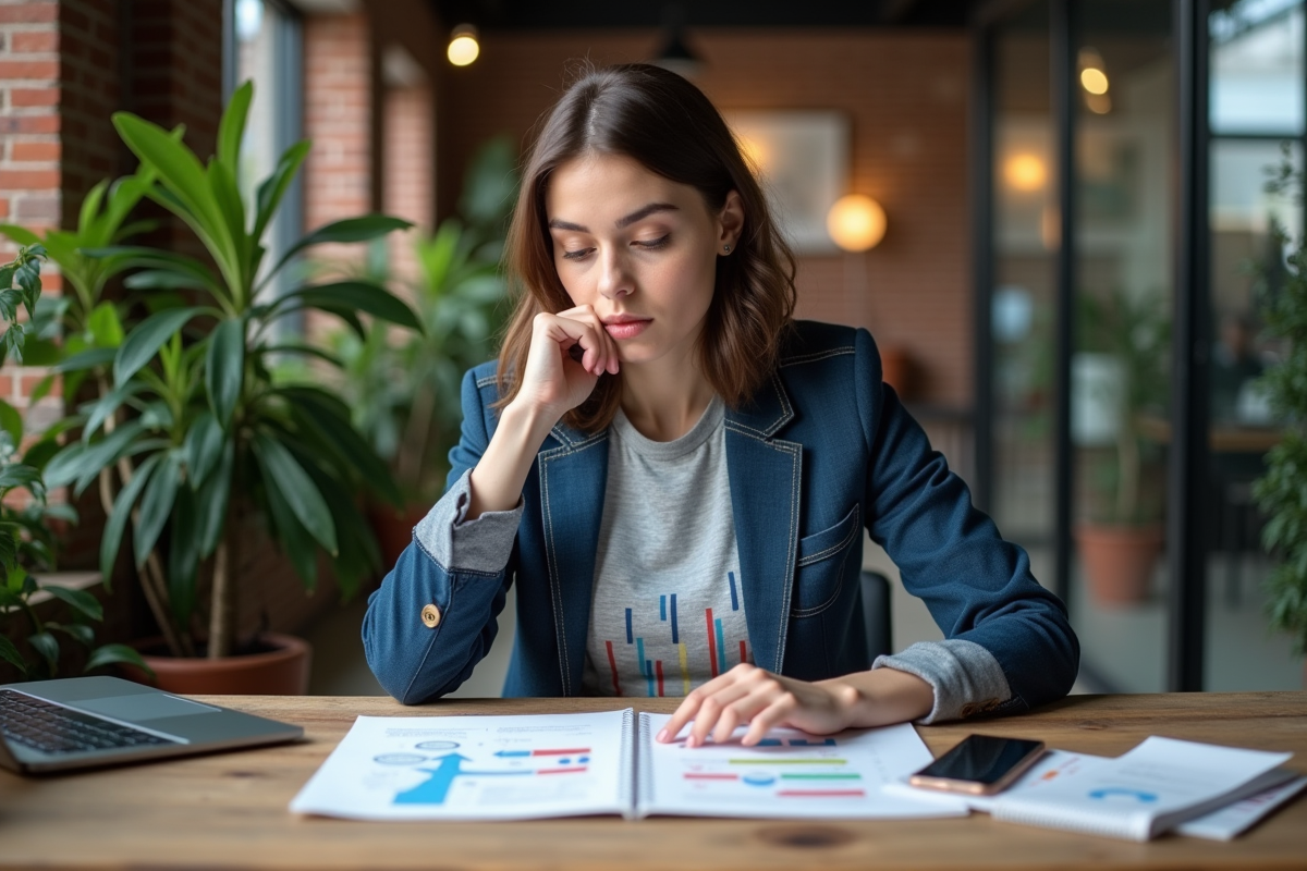 Jeune femme en coworking analysant des notes et infographies