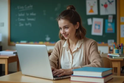 Jeune professeure souriante devant ordinateur en classe