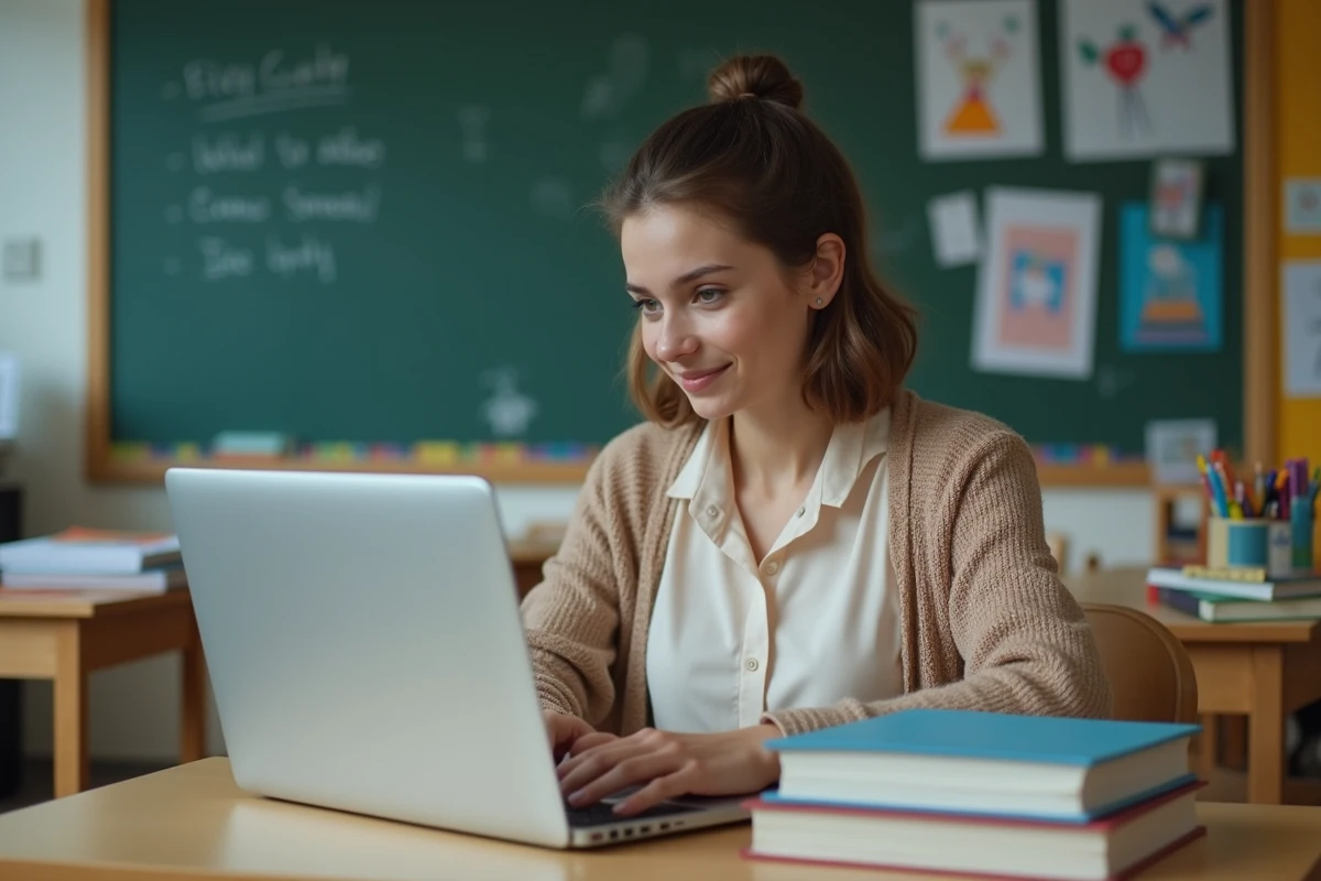Jeune professeure souriante devant ordinateur en classe