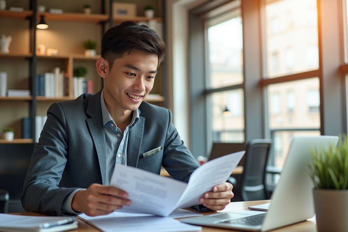 Jeune professionnel confiant compare brochures de formation