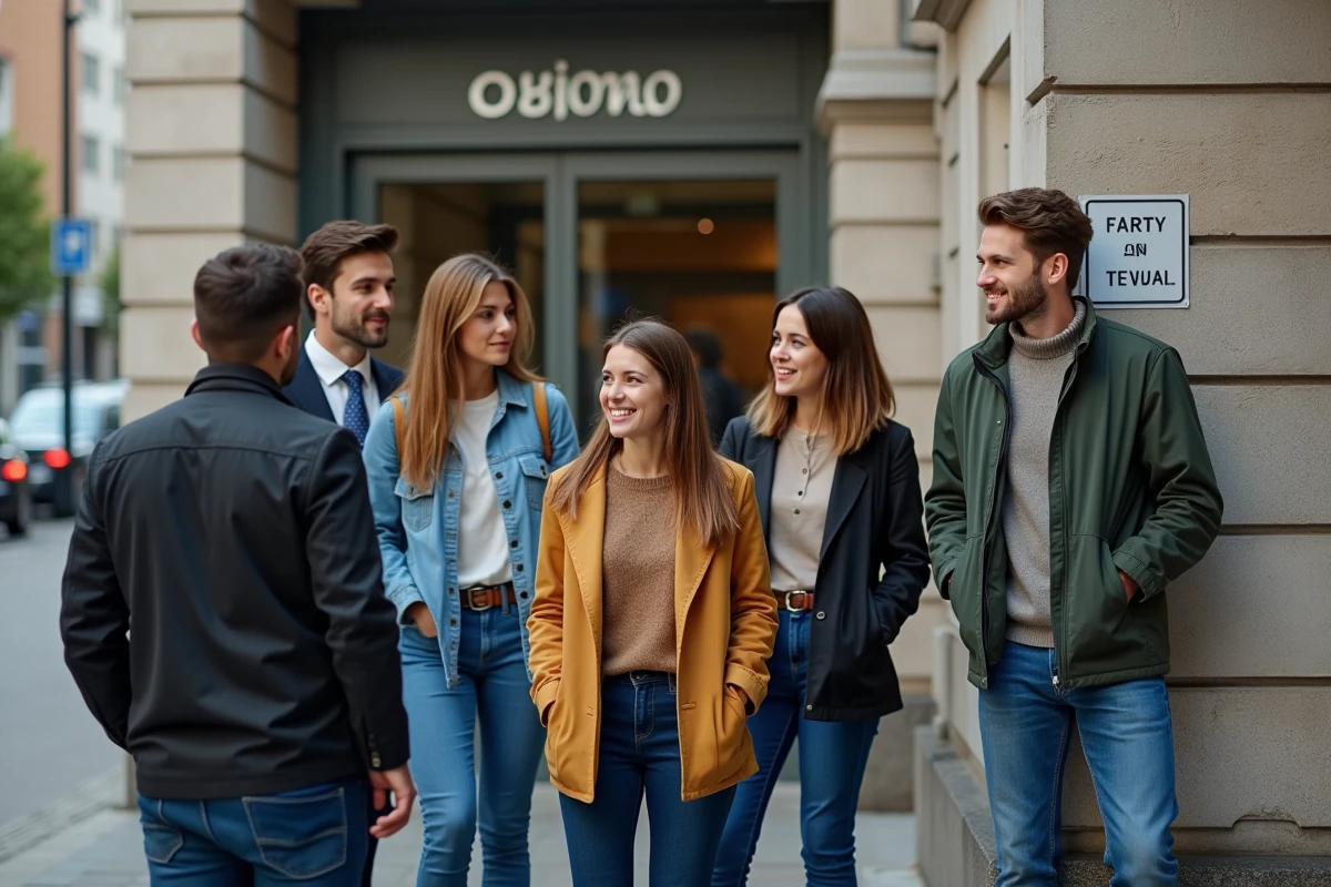 Jeunes adultes discutant devant une agence emploi en ville