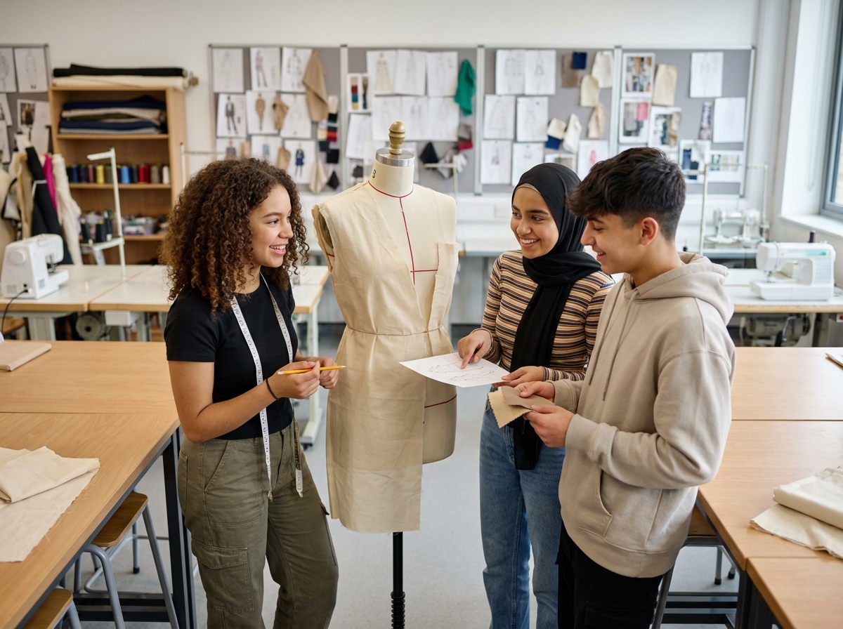 Groupe d adolescents en atelier de couture avec mannequin et tissus