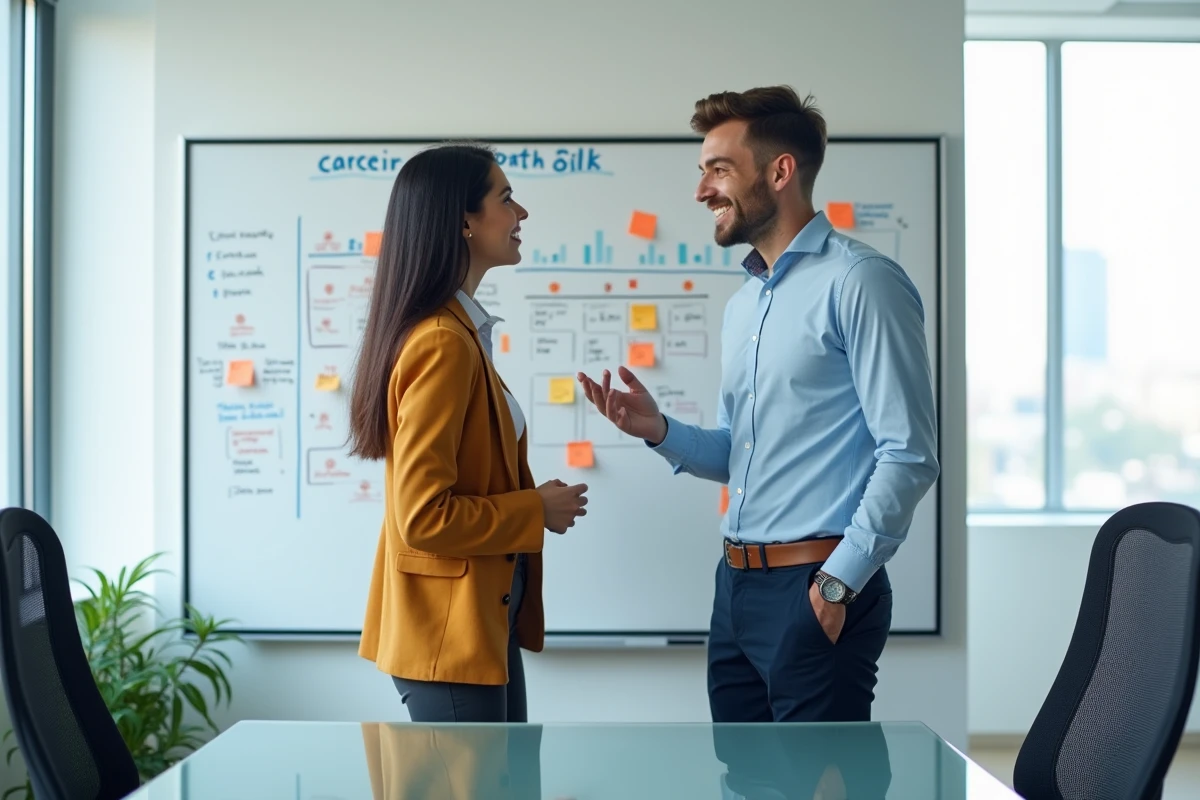 Deux jeunes diplômés discutant de leurs choix de carrière devant un tableau de planification professionnelle