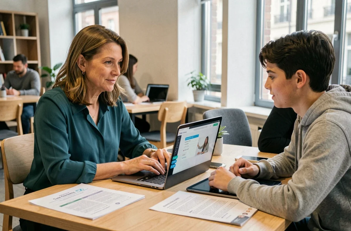 Tutrice de Keepschool à Nantes guidant un élève sur une plateforme de cours en ligne