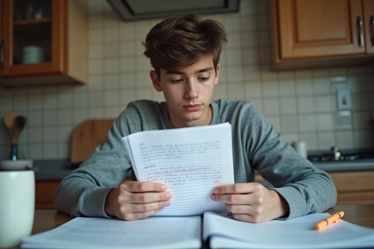 Lycéen révisant des copies commentées de dissertation à la maison