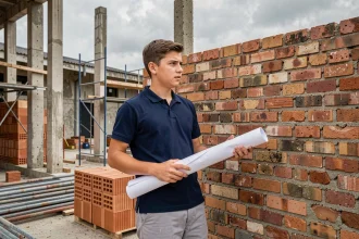 Jeune lycéen en formation bâtiment tenant un plan architectural devant un mur de briques sur un chantier école de BTP