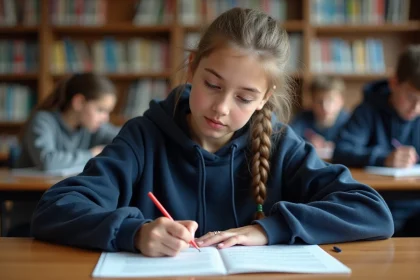 Lycéenne annotant une copie de dissertation en bibliothèque scolaire