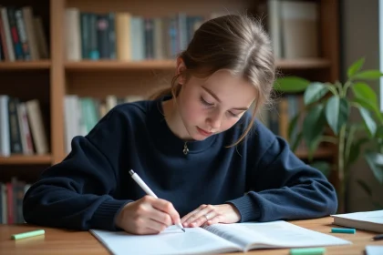 Lycéenne de première générale annotant un texte littéraire pour préparer un commentaire composé au bac