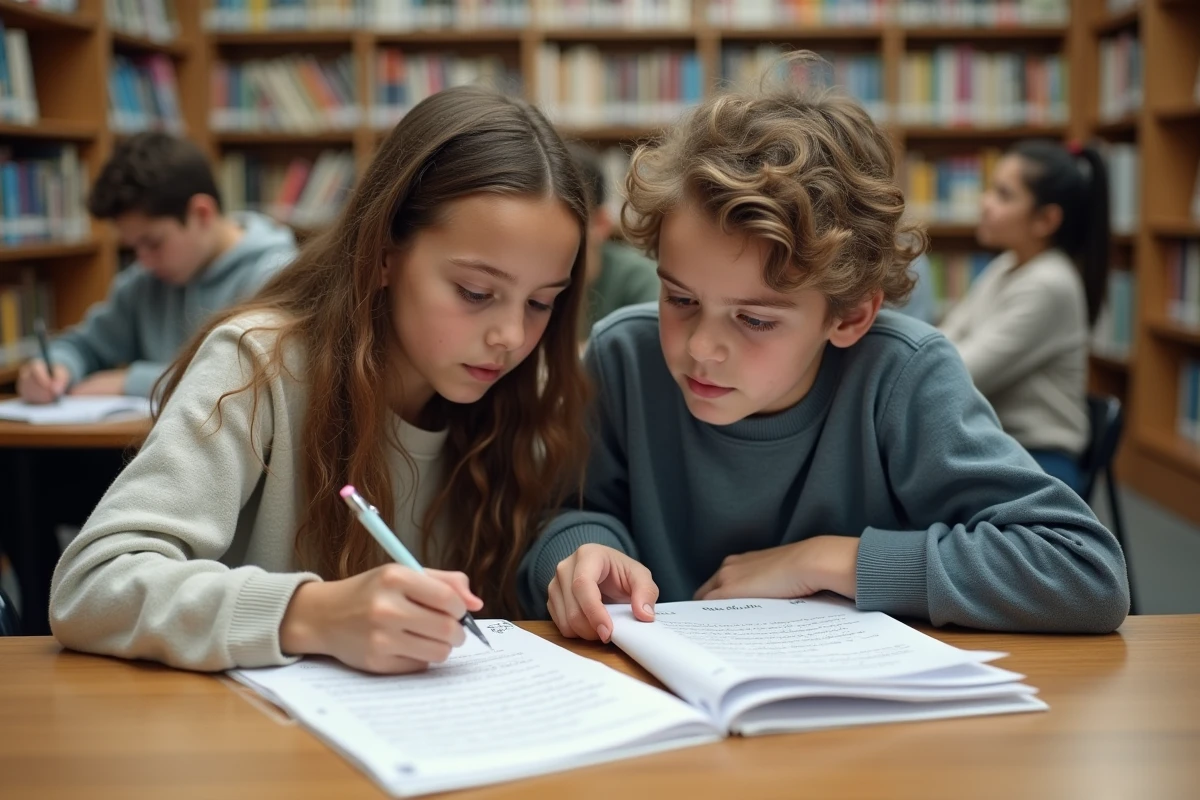Deux lycéens en première révisant un commentaire composé corrigé ensemble à la bibliothèque du lycée