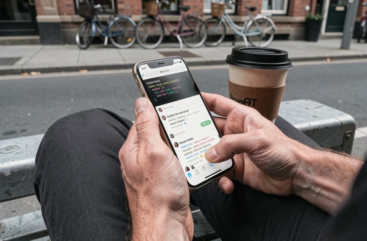 Mains tenant un smartphone affichant une révision de code IA à un arrêt de bus urbain