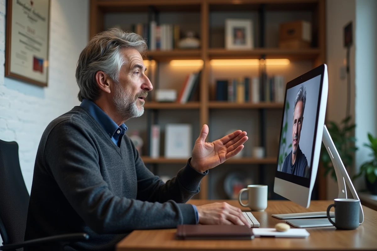 Homme expérimenté en session de mentorat par visioconférence depuis son bureau à domicile