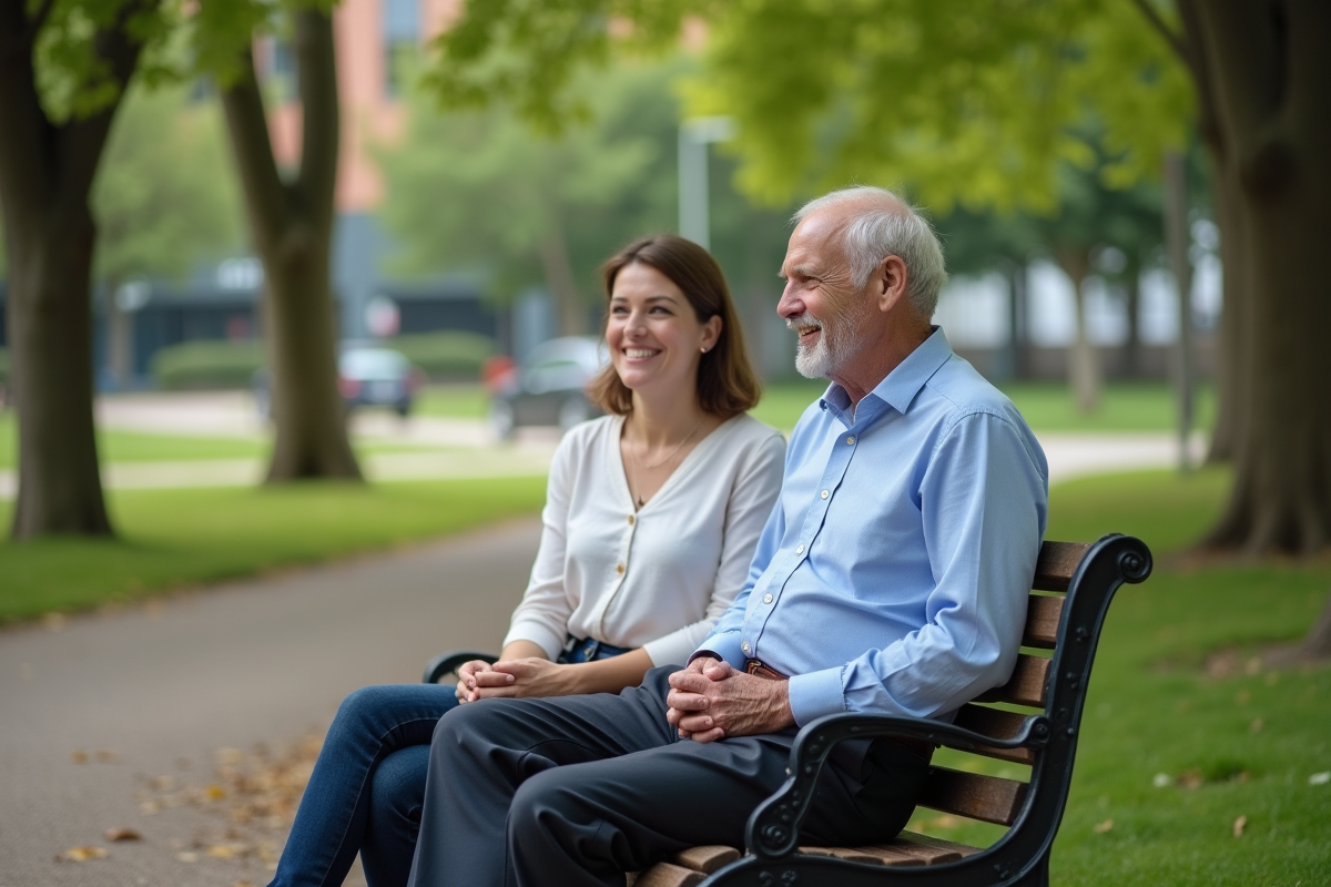 Homme et jeune femme discutant dans un parc en plein air
