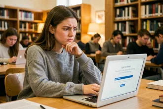 Jeune femme frustrée face à un message d'erreur de connexion sur un portail académique en ligne, assise dans une bibliothèque universitaire