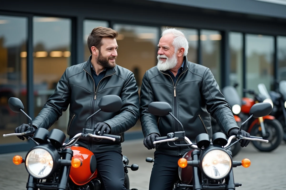 Deux motards d'âges différents discutant devant des motos dans un concessionnaire, illustrant l'impact de l'âge sur le permis moto A2