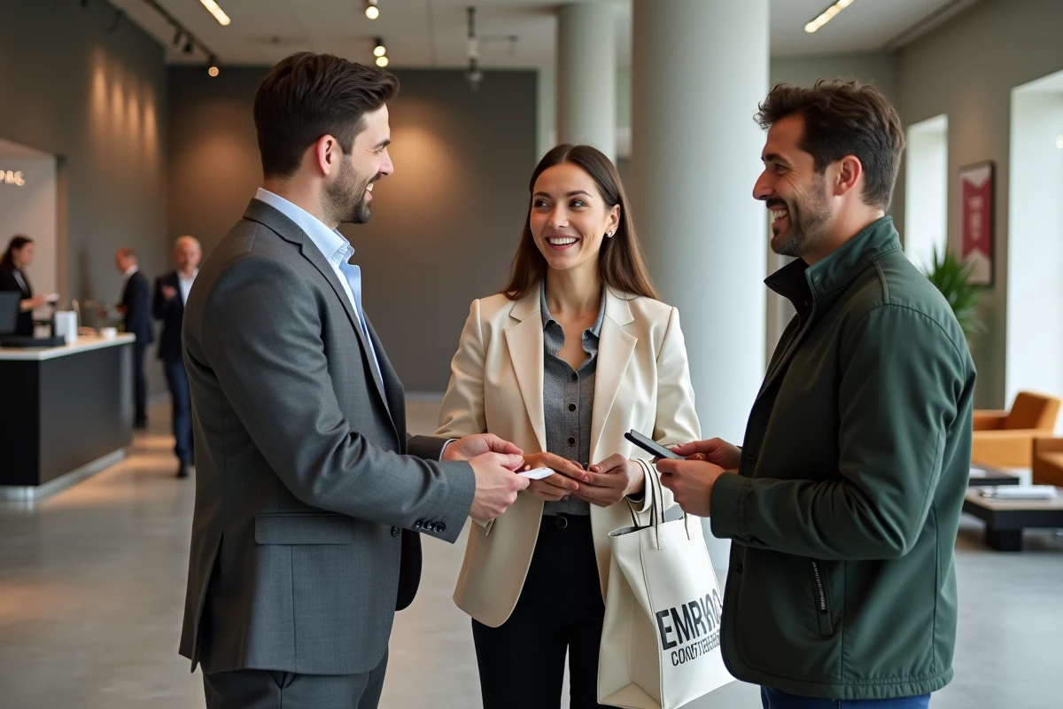 Networking professionnel dans le hall d'une conférence marketing à Paris avec échange de cartes de visite entre participants
