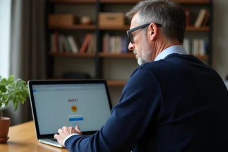 Pere d age moyen travaillant sur son ordinateur dans un bureau chaleureux