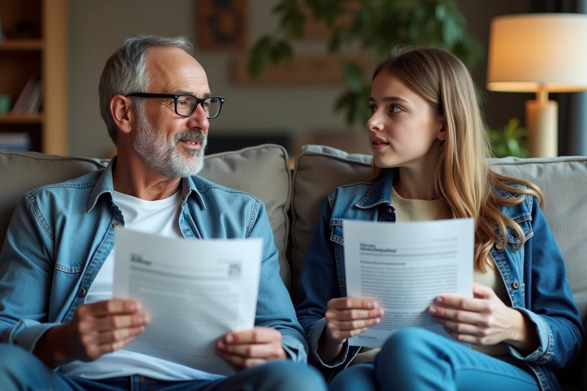 Père et adolescente discutant de fiches métier Pôle Emploi imprimées dans le salon familial
