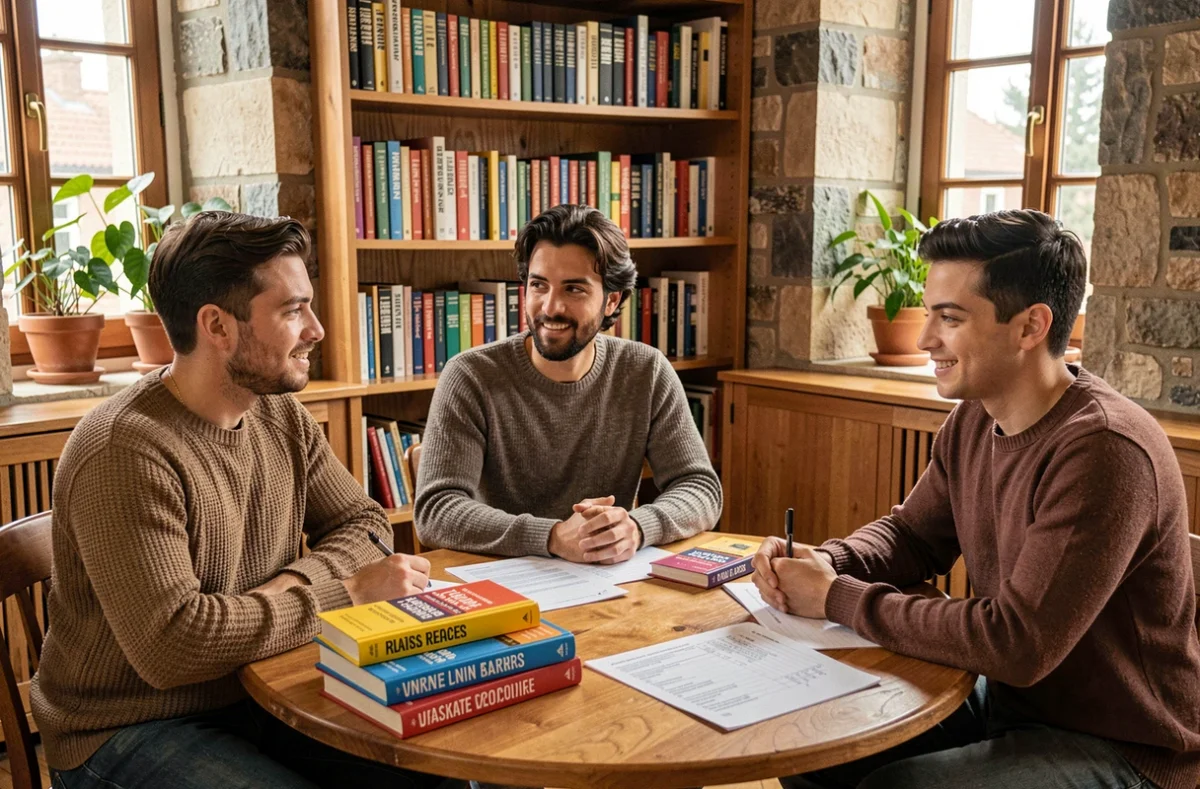 Petit groupe d'adultes en cours de langue dans une salle intimiste de Poly-Langues
