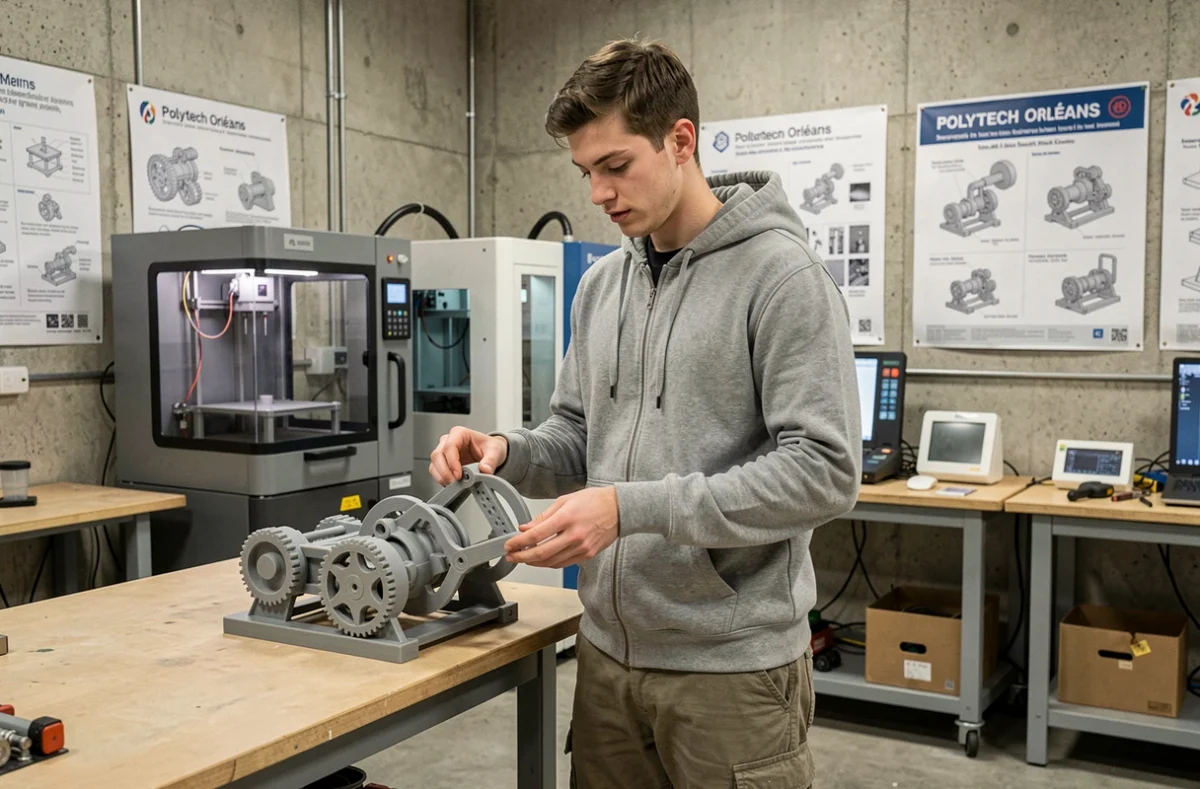 Étudiant tenant une pièce imprimée en 3D dans l'atelier de prototypage de Polytech Orléans