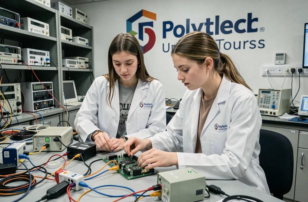 Deux étudiantes en blouse blanche travaillant sur des circuits électroniques dans un laboratoire de Polytech Tours
