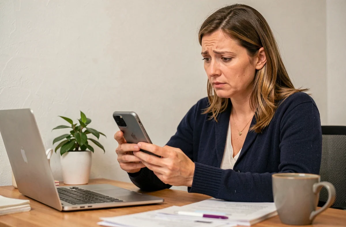 Femme utilisant son smartphone et son ordinateur portable pour réinitialiser un mot de passe sur un portail éducatif depuis son domicile