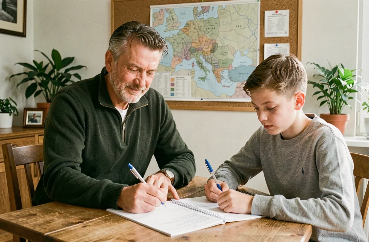 Professeur à domicile de Profadom dans la Sarthe révisant la géographie avec un collégien