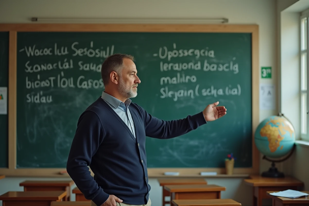 Professeur en classe devant un tableau d