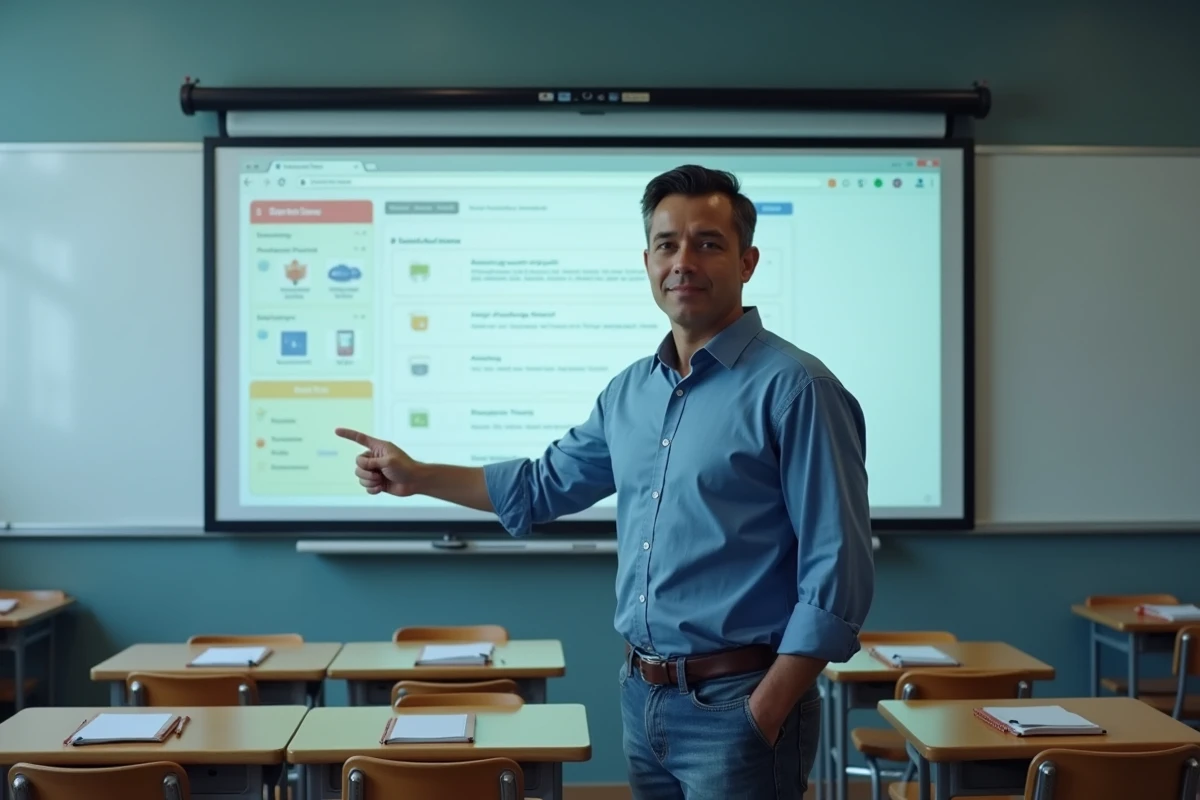Professeur de collège présentant l'ENT et les outils de cours en ligne à ses élèves sur tableau numérique