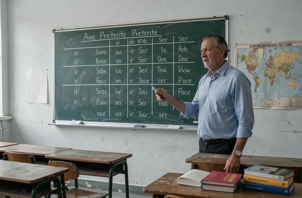 Professeur d'espagnol expliquant au tableau la conjugaison identique du passé simple de ir et ser en espagnol