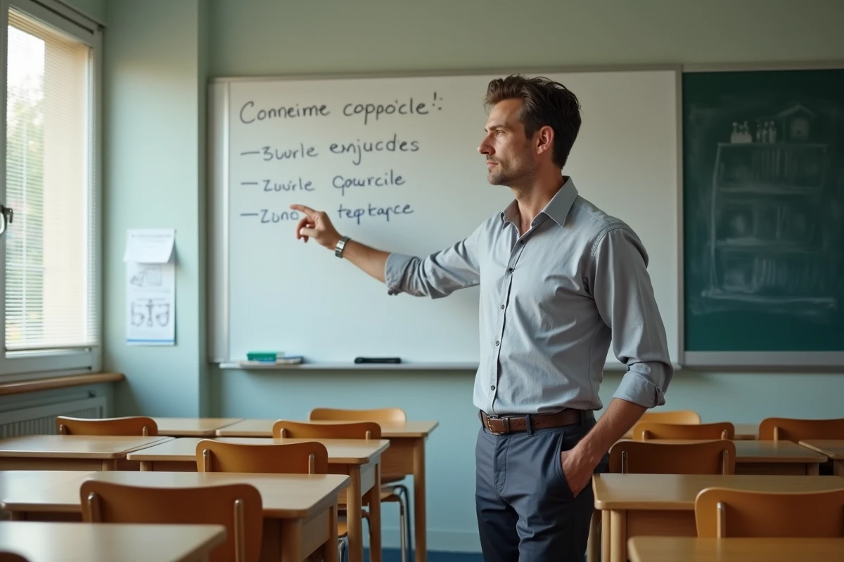 Professeur de français au lycée expliquant la structure d'un commentaire composé au tableau devant sa classe