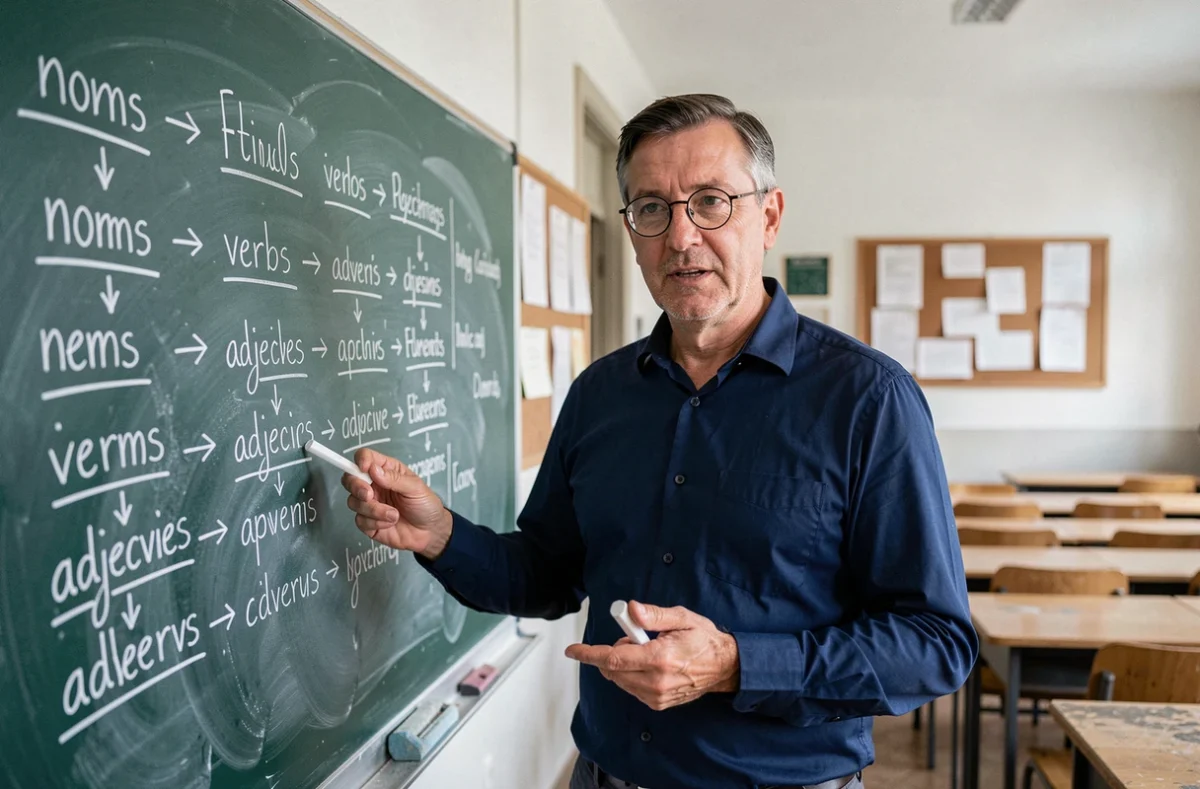 Professeur de grammaire expliquant les classes grammaticales au tableau dans une salle de classe