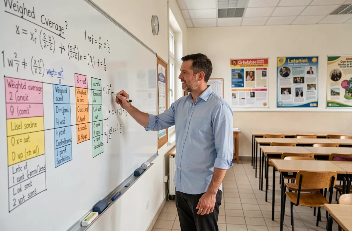 Professeur expliquant le calcul de moyenne avec coefficient au tableau de classe