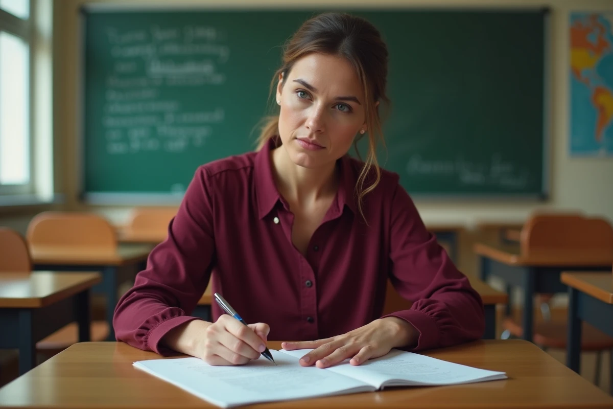 Professeure de français corrigeant des dissertations de première en salle de classe