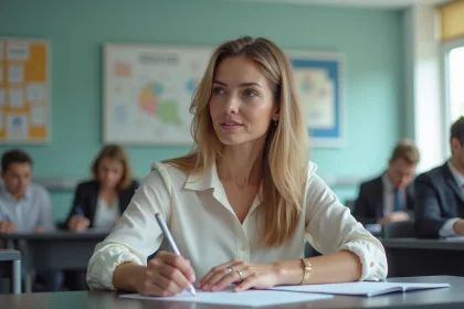 Professeure en classe moderne avec documents et ambiance professionnelle