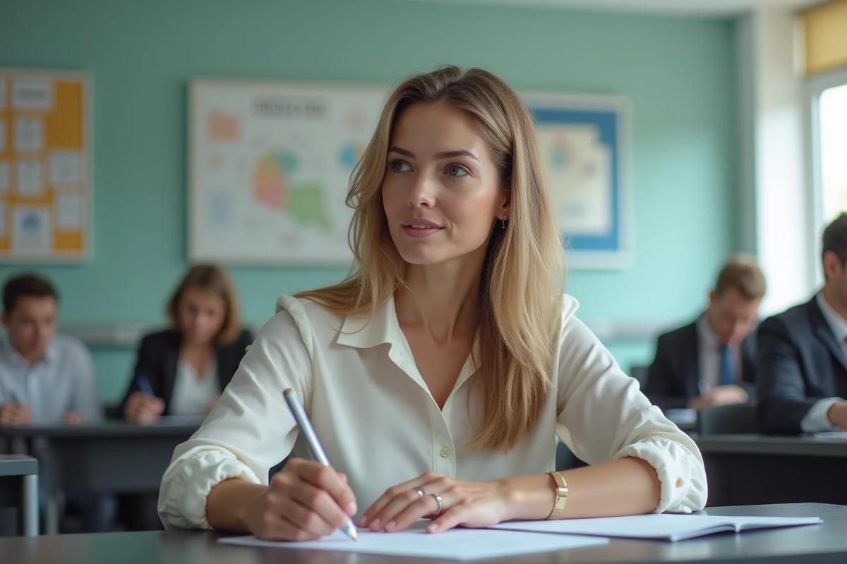 Professeure en classe moderne avec documents et ambiance professionnelle