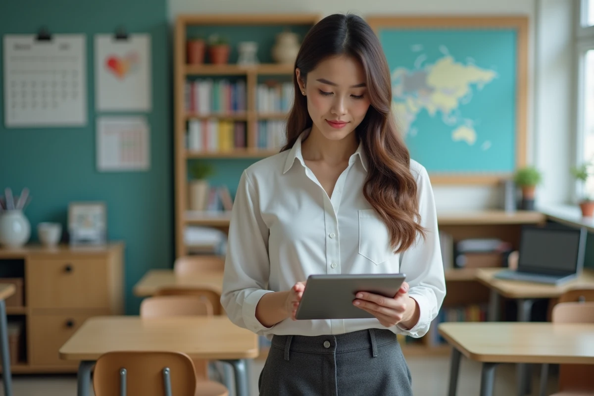 Jeune enseignante utilisant ordinateur et tablette en classe