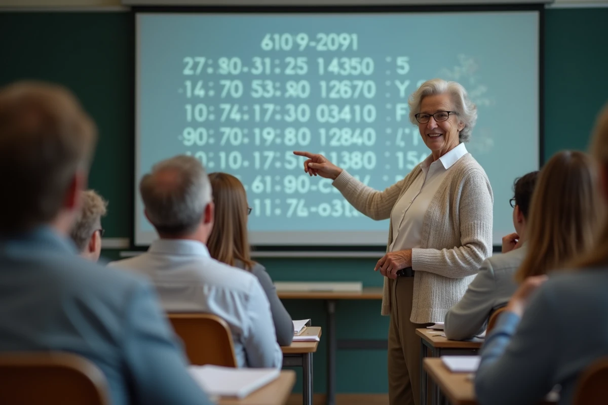 Femme âgée pointant une projection de pi lors d’un quiz en classe