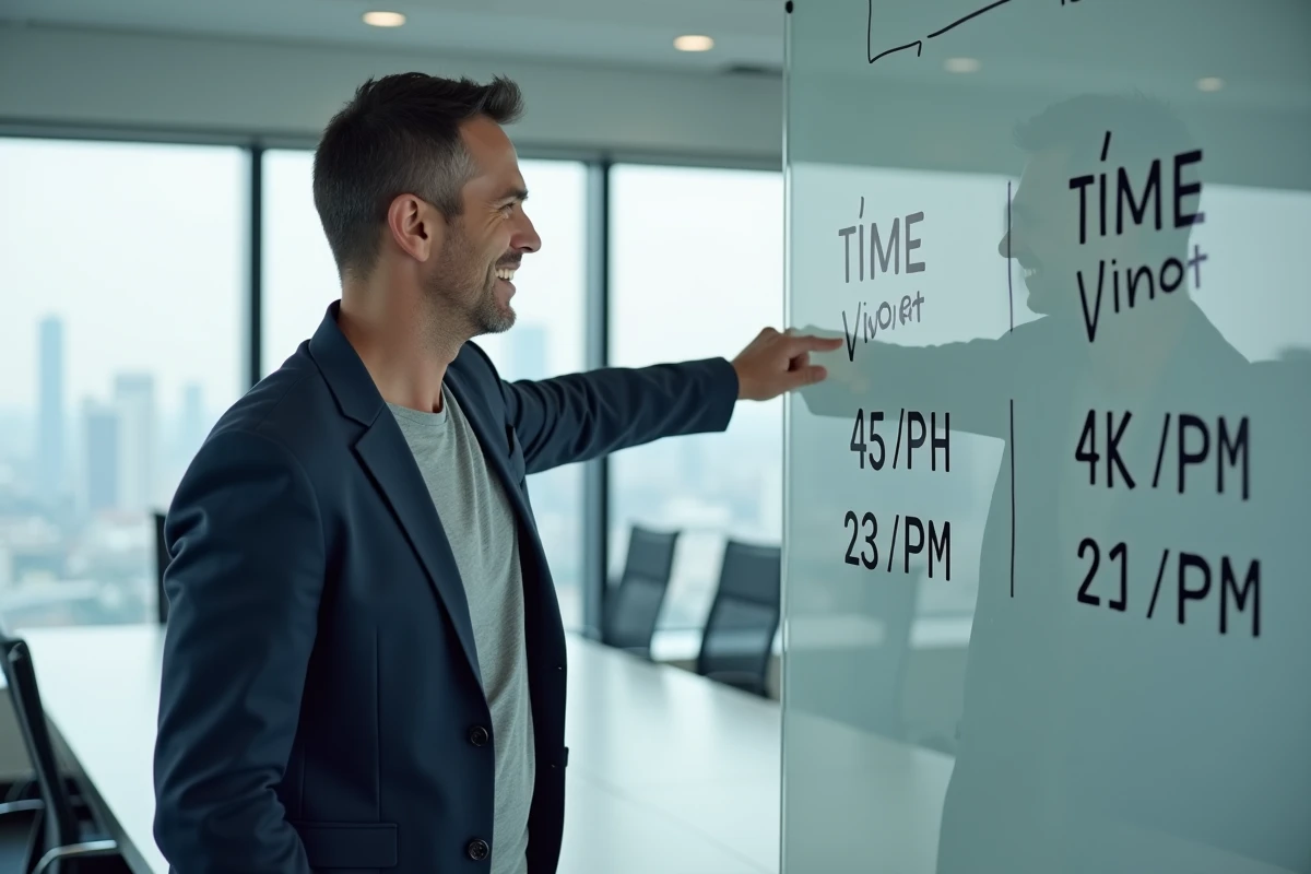 Homme d'affaires expliquant la différence entre le format horaire AM PM et le format 24h sur un tableau blanc en salle de réunion